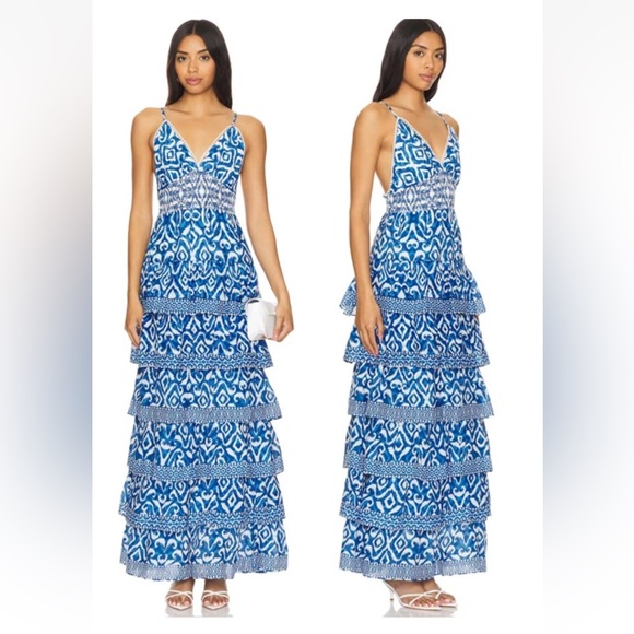 NWT Caroline Constas New York Blue White Tiered Maxi Dress Bohemian Boho Small - Picture 1 of 5